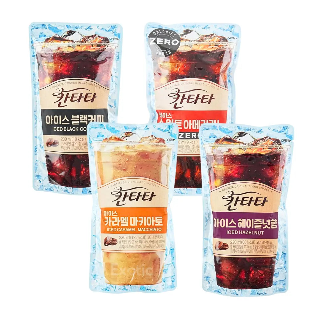 Cantata Lotte Korean pouch coffee drinks, 230ml in iced americano, hazelnut, and caramel macchiato