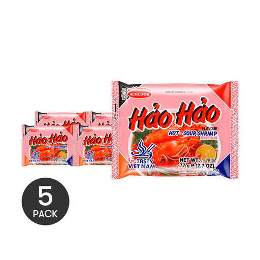 Hao Hao Hot Sour Shrimp Flavor Noodles, 77g x 5 Pack