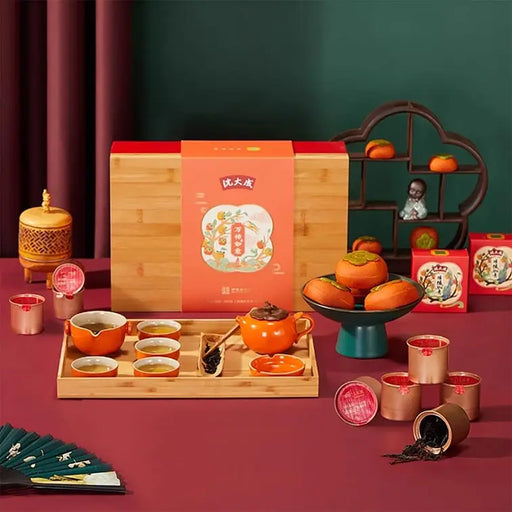 Shendacheng Myriad Persimmons Bless Pastries Shanghai Specialty Gift Box 6 Custard Cakes, Tea Set &amp; Wuyi Oolong, 10.58oz Shendacheng