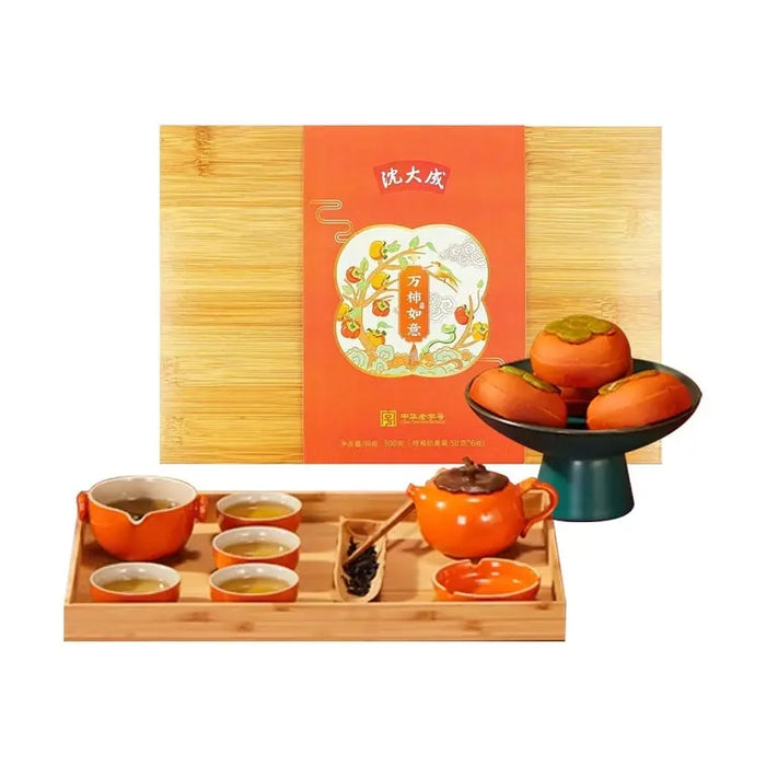 Shendacheng Myriad Persimmons Bless Pastries Shanghai Specialty Gift Box 6 Custard Cakes, Tea Set &amp; Wuyi Oolong, 10.58oz Shendacheng