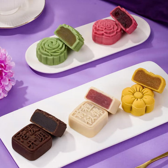 Huamei Taoshan Moon Cake Gift Box Chocolate, Taro, Chestnut, Matcha, Red Wine Cranberry) 8pcs